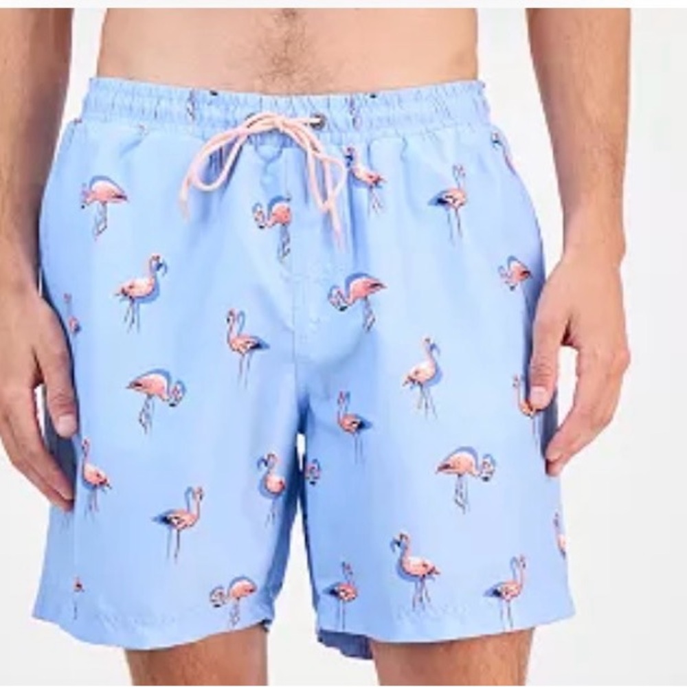 New Quick Dry Club Room Light Blue Flamingo Swim Trunks/Bathing Suit S/Large